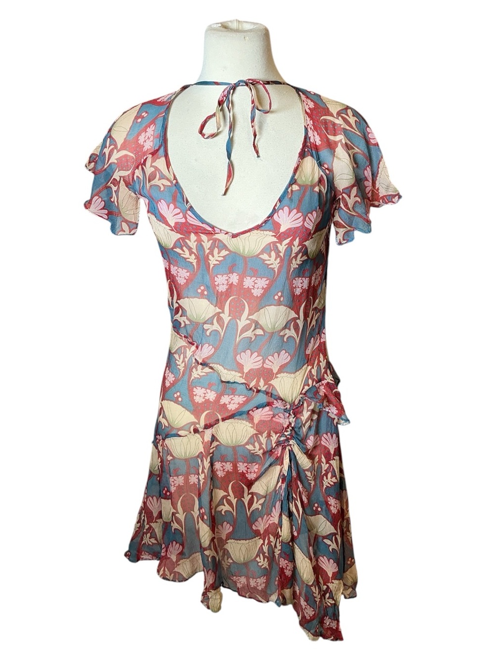 Y2K Whistles London Floral Print Sheer Flutter Sleeve Mini Party Dress Size 4